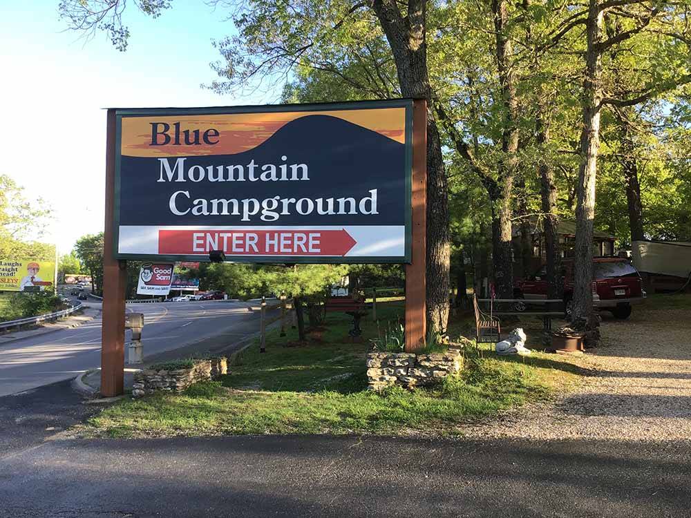 The front entrance sign at BLUE MOUNTAIN CAMPGROUND