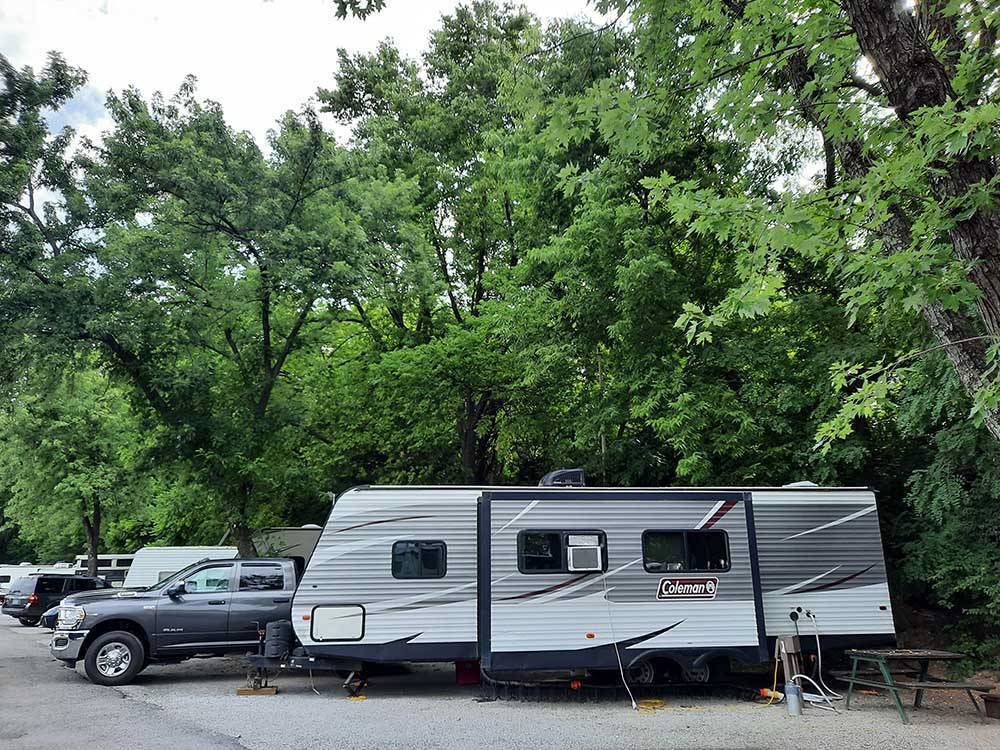 Travel trailers parked at camping sites at LOUISVILLE NORTH CAMPGROUND