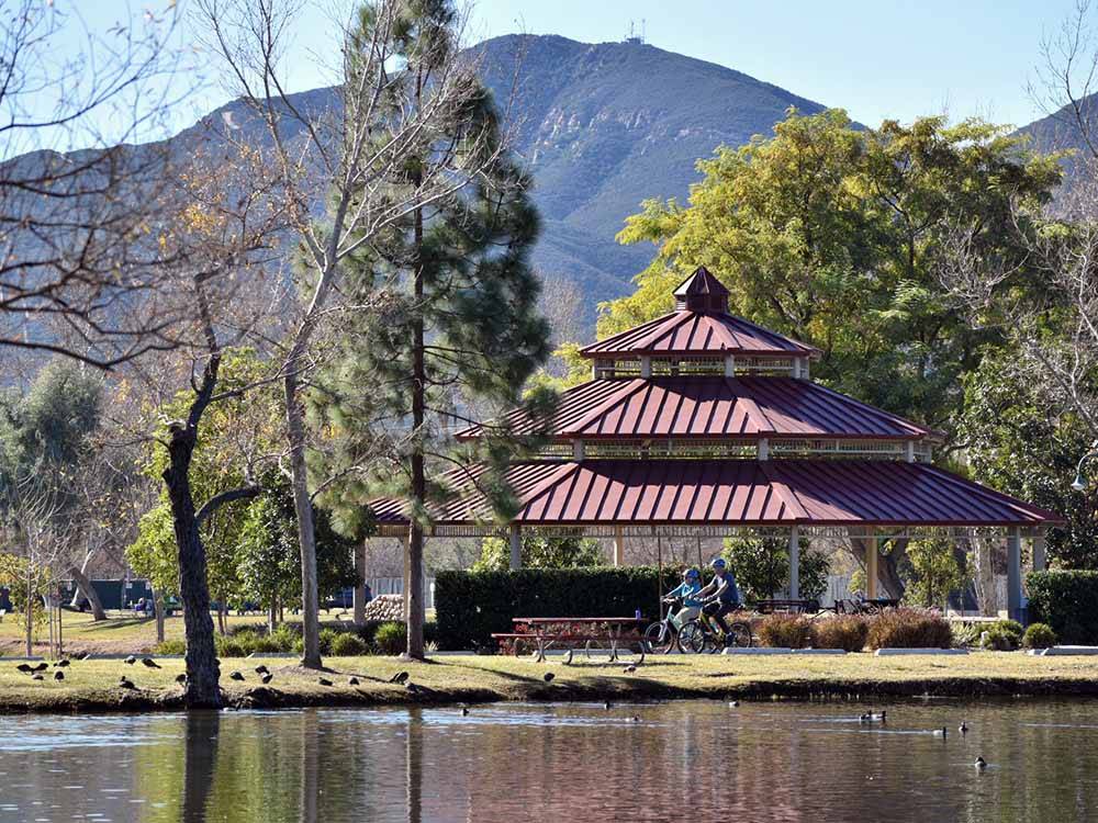 A large gazebo along the water at SANTEE LAKES RECREATION PRESERVE