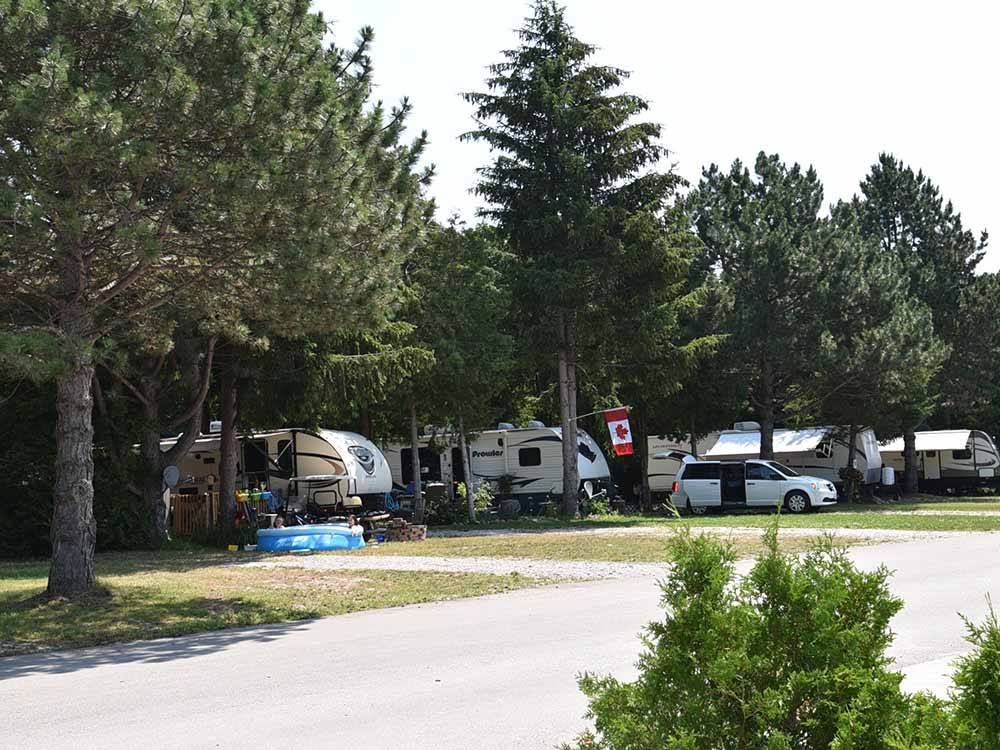 A row of RV sites under trees at HEIDI'S CAMPGROUND