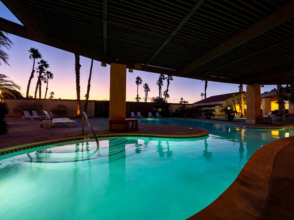 The pool area at sunset