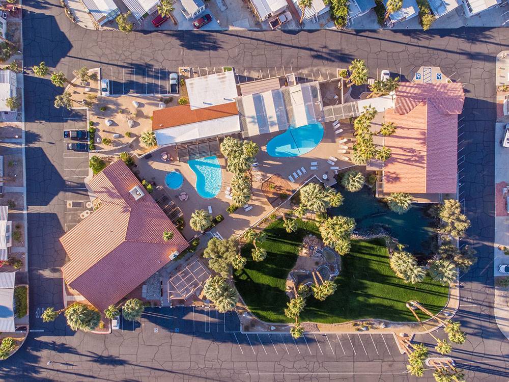 Aerial view of office and pools