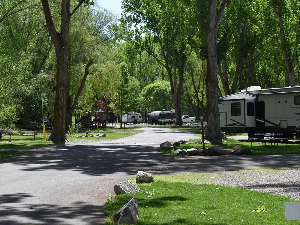 The road going thru the RV sites at The horseshoe pits with colorful horseshoes at LAKESIDE RV CAMPGROUND