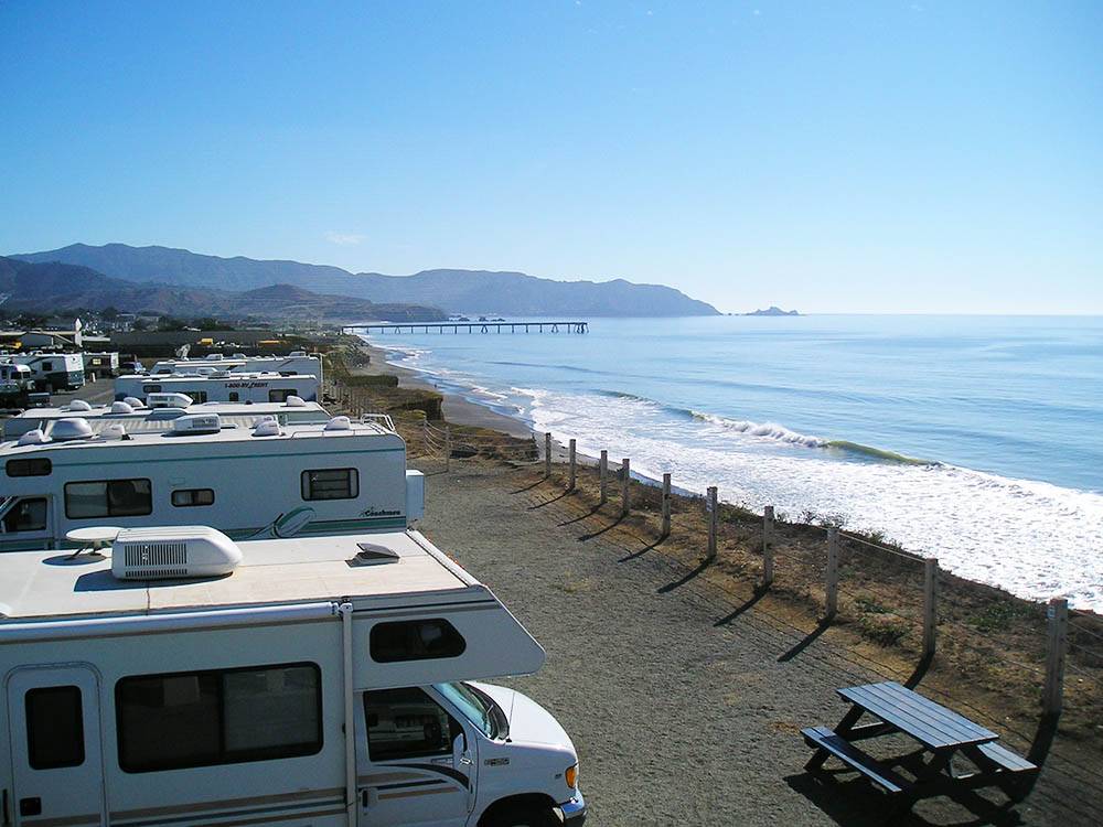 RVs parked along ocean with pier in background at SAN FRANCISCO RV RESORT