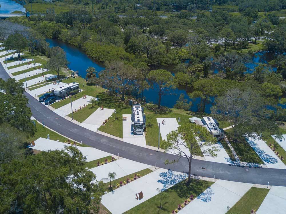 Aerial view over campground showing sites at BAY BAYOU RV RESORT