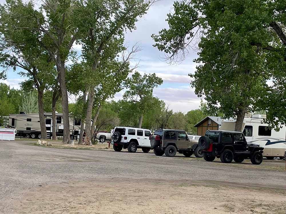 Three Jeeps parked in front in RV sites at SHADY ACRES RV PARK