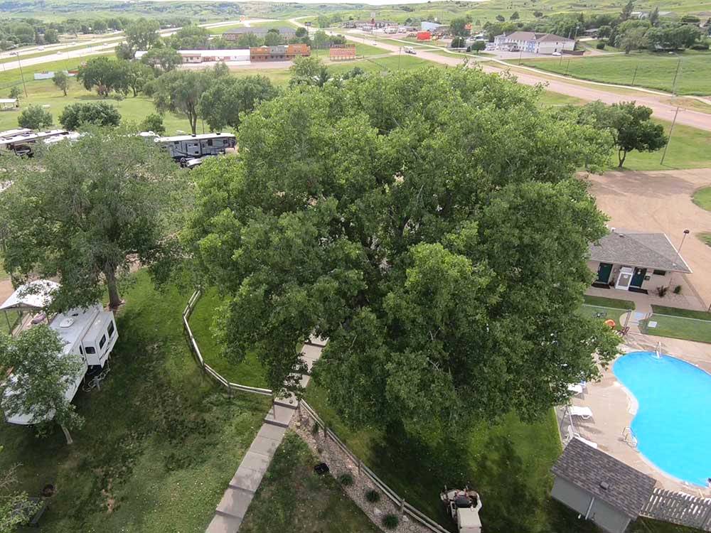 Aerial view of campground with pool at Oasis Campground