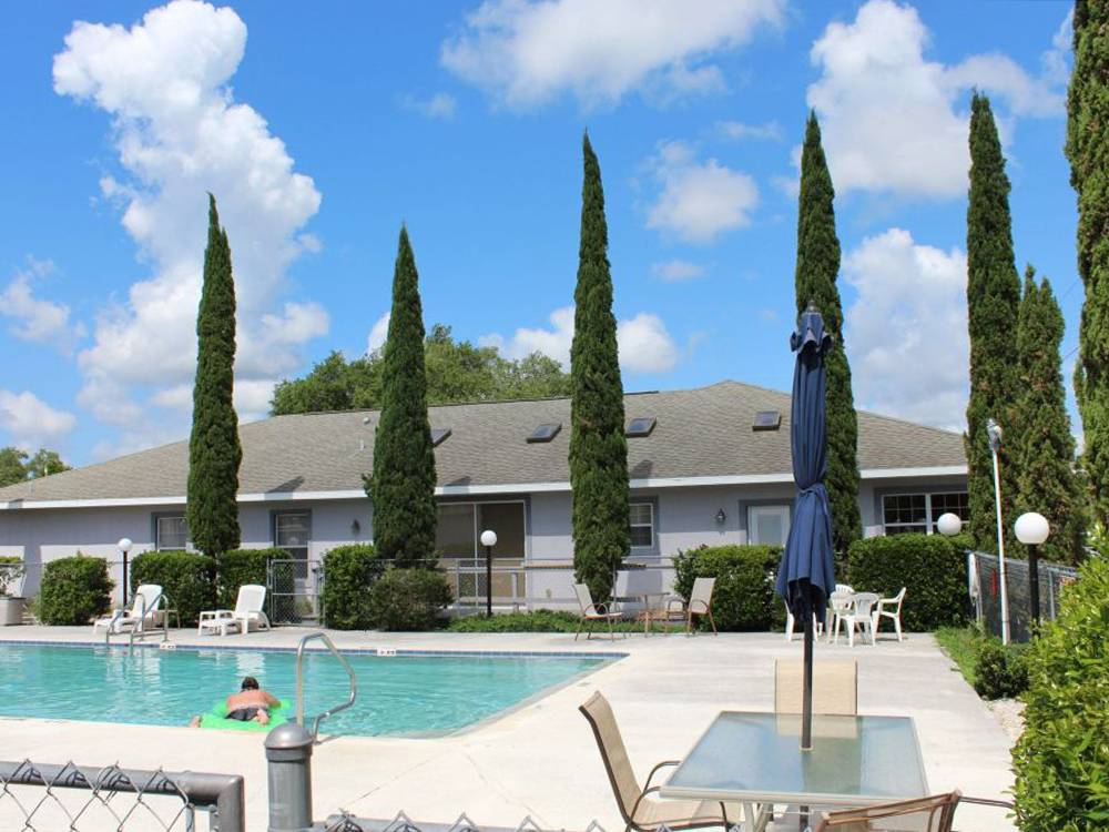 The pool area with cypress trees