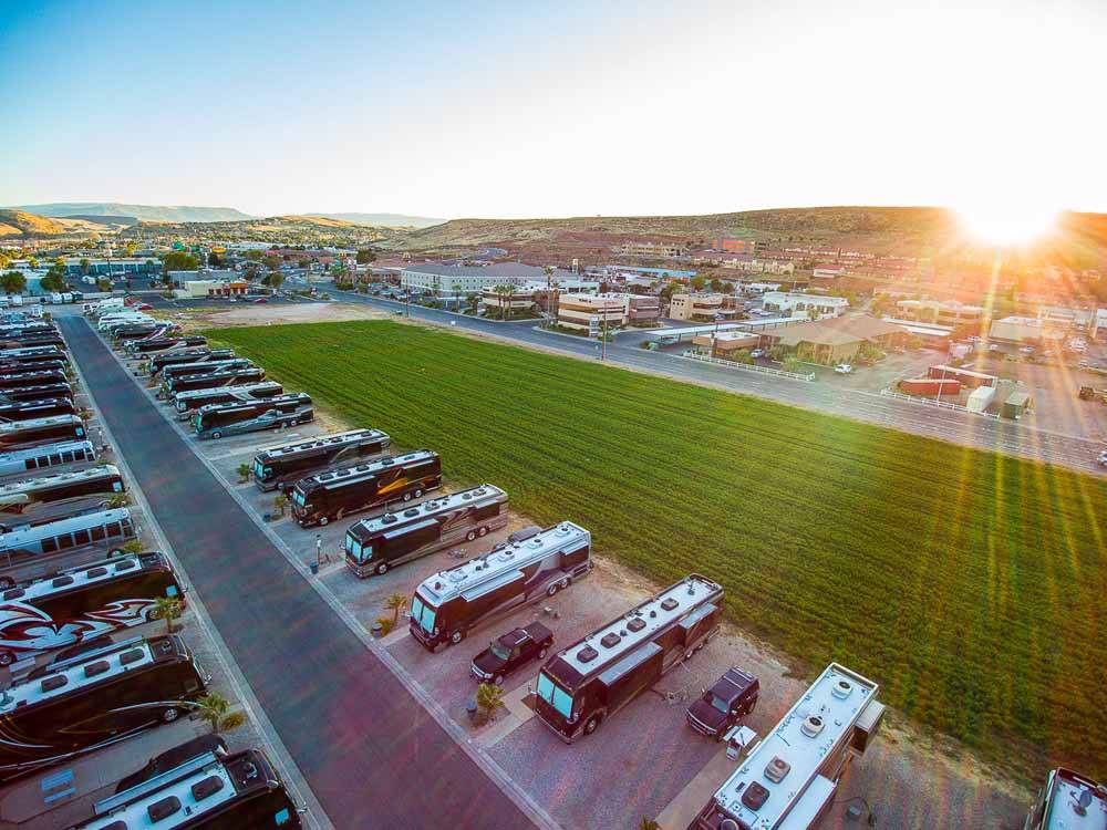 An aerial view of the campsites and grassy area at MCARTHUR'S TEMPLE VIEW RV RESORT