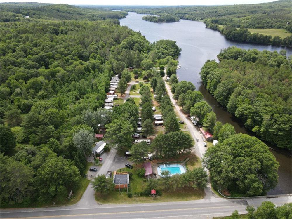 Aerial view of park and water at TWO RIVERS CAMPGROUND