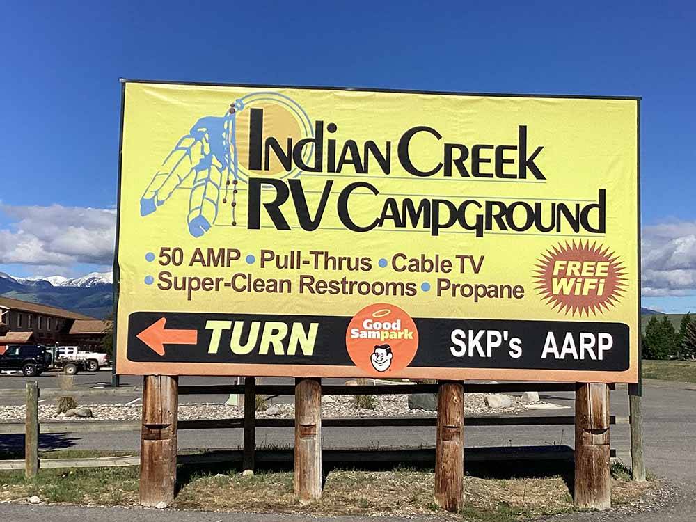 The front entrance billboard at INDIAN CREEK RV PARK & CAMPGROUND