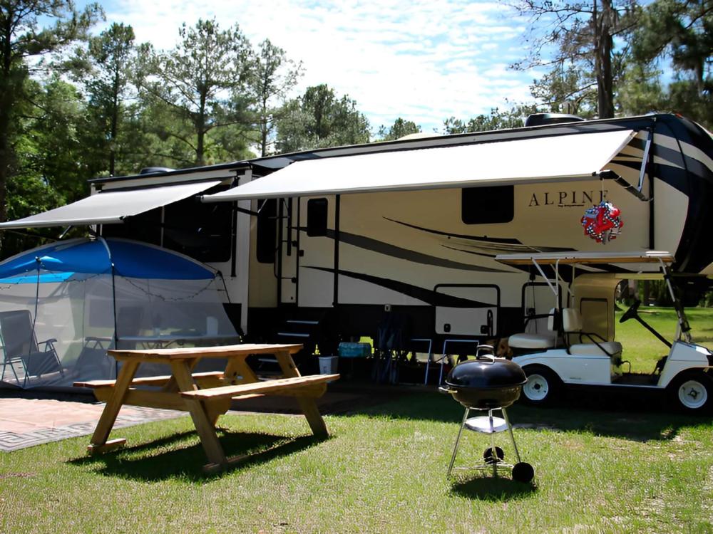 An RV parked in a site
