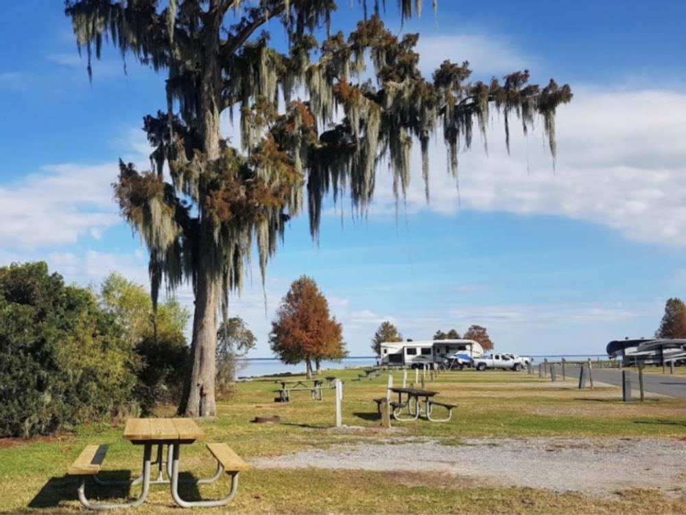 View of pinic site at Lake End Park Campground & Cabins