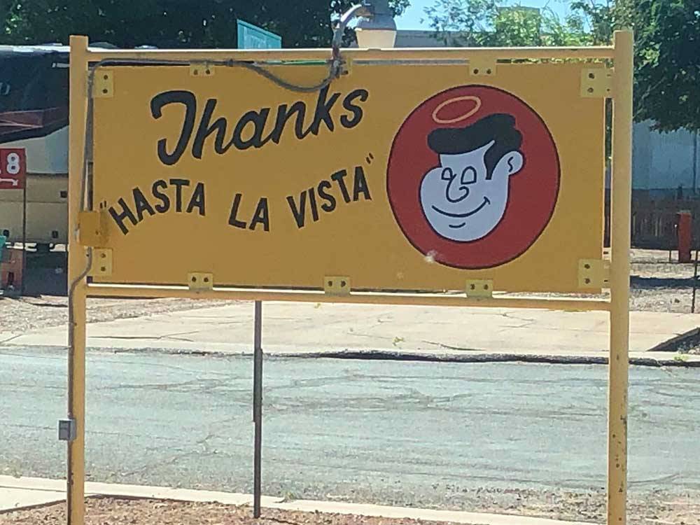 Hasta La Vista sign with Good Sam logo at OK RV PARK