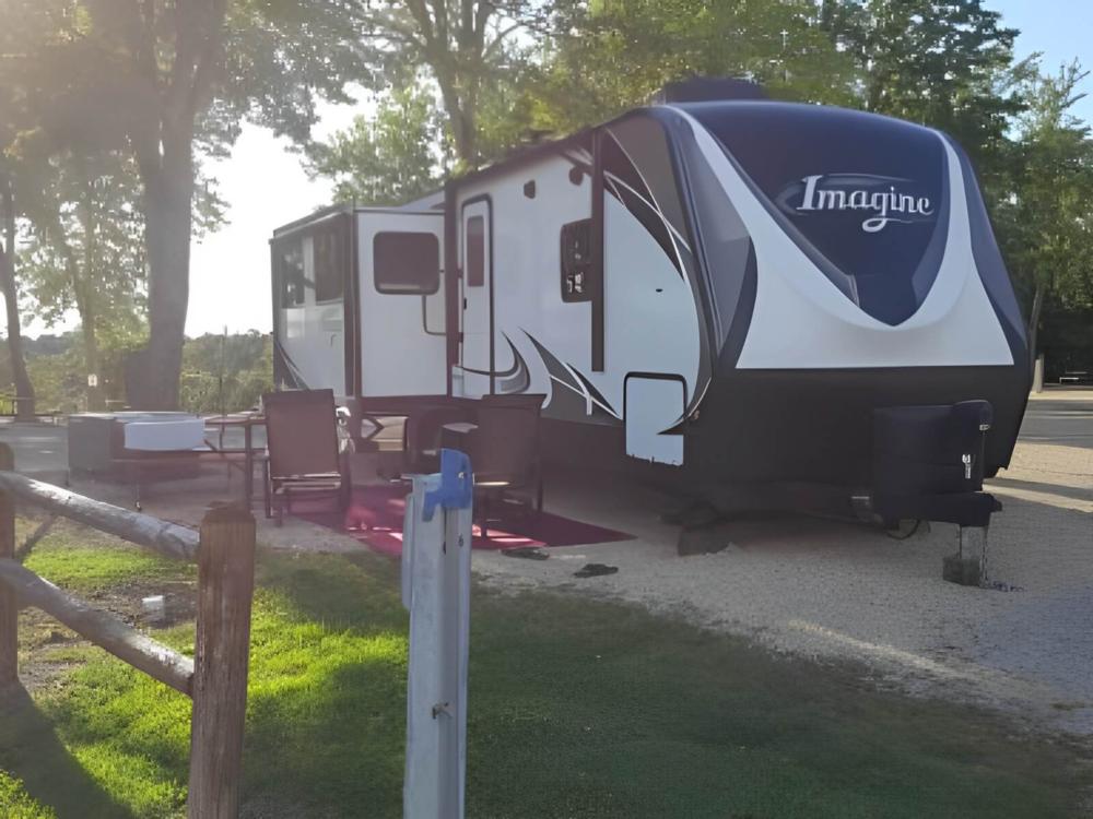 Parked trailer at site Wanderlust RV Park