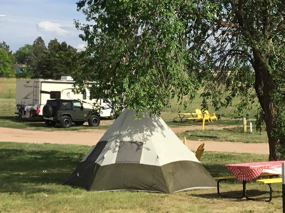 A tent under a tree with a picnic table at FALCON MEADOW RV CAMPGROUND