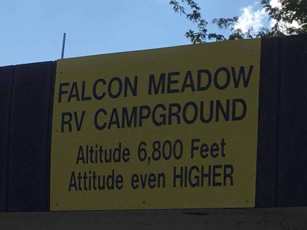 A sign telling you the altitude at FALCON MEADOW RV CAMPGROUND