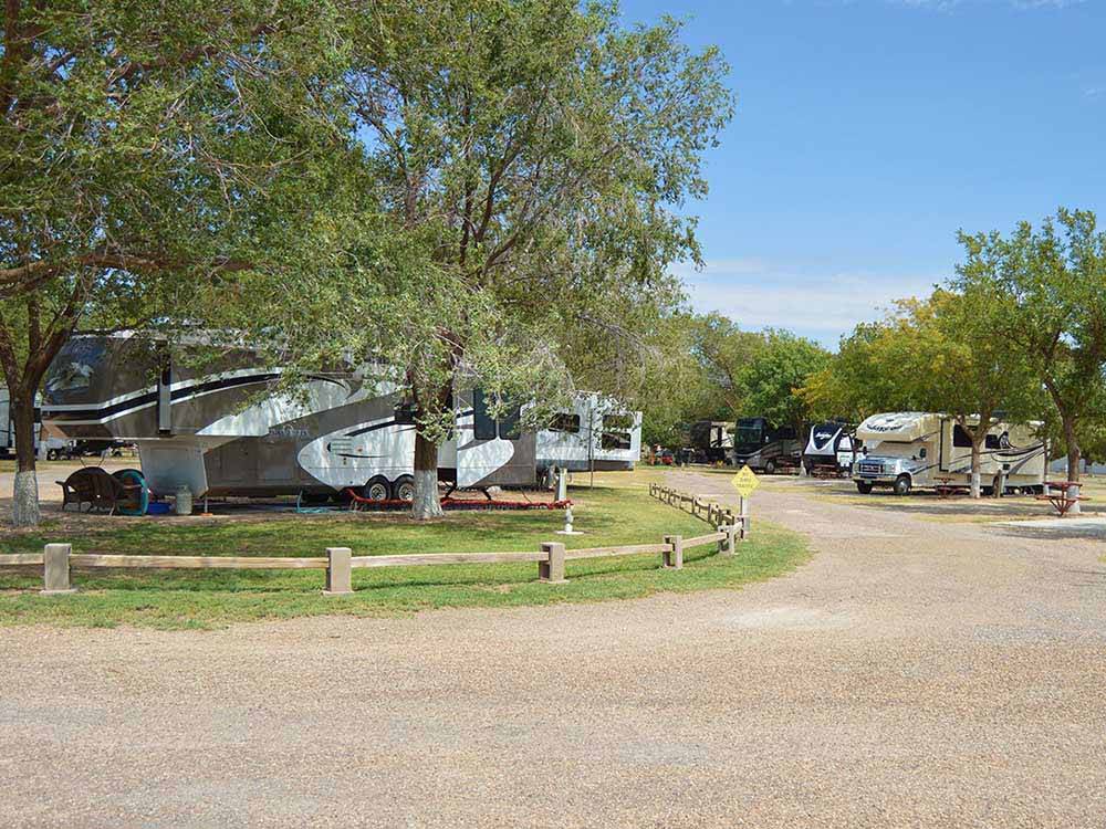 A winding road next to a fifth wheel parked under a large tree at LUBBOCK RV PARK