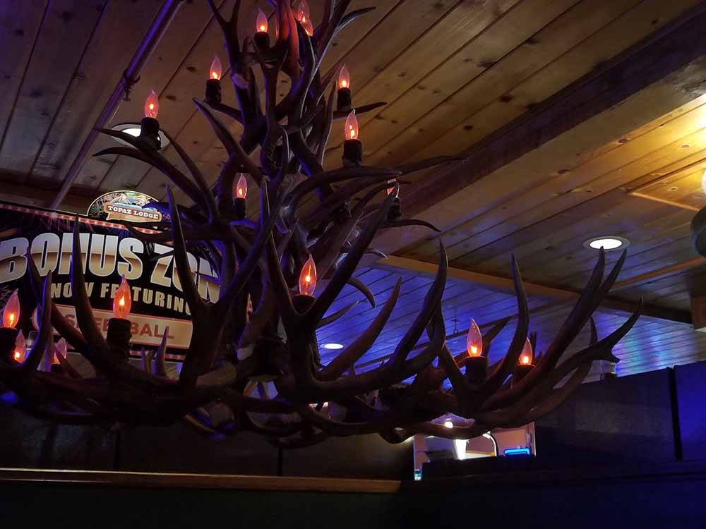 A chandelier made of elk horns at TOPAZ LODGE RV PARK & CASINO