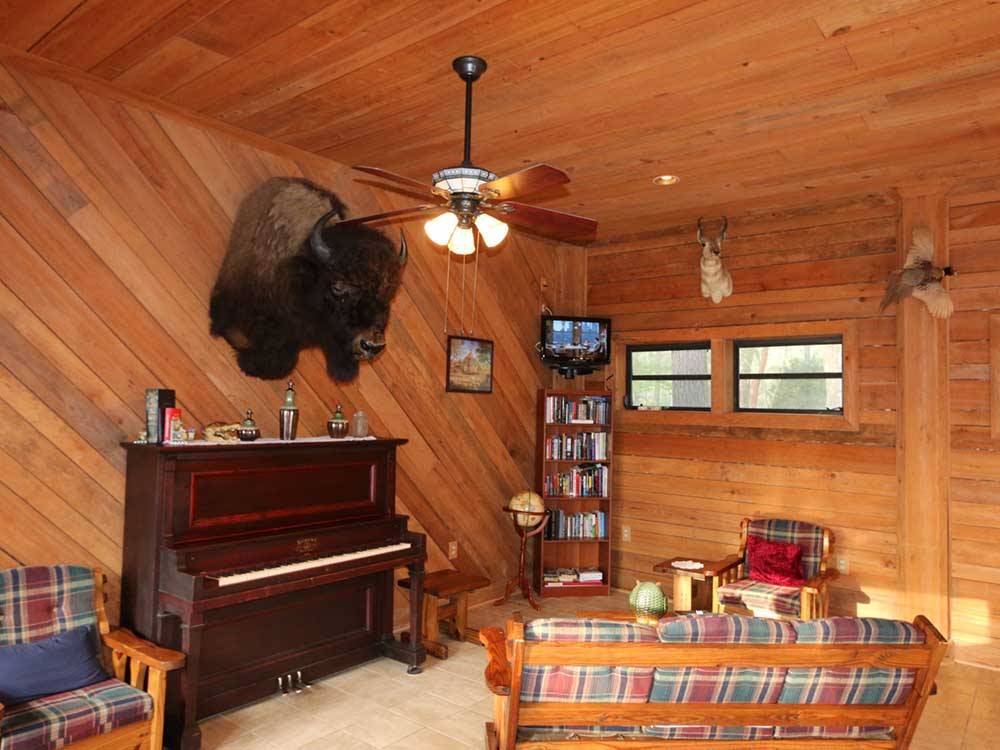 A bison head hanging above a piano at TALLAHASSEE RV PARK