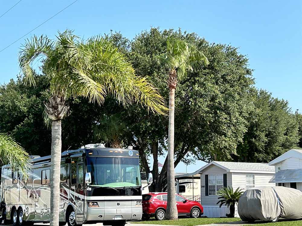 A motorhome parked by the tall trees at LELYNN RV RESORT