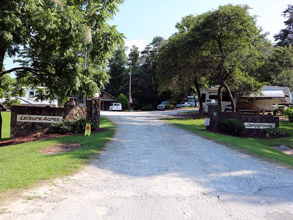 The front entrance driveway and sign at LEISURE ACRES CAMPGROUND