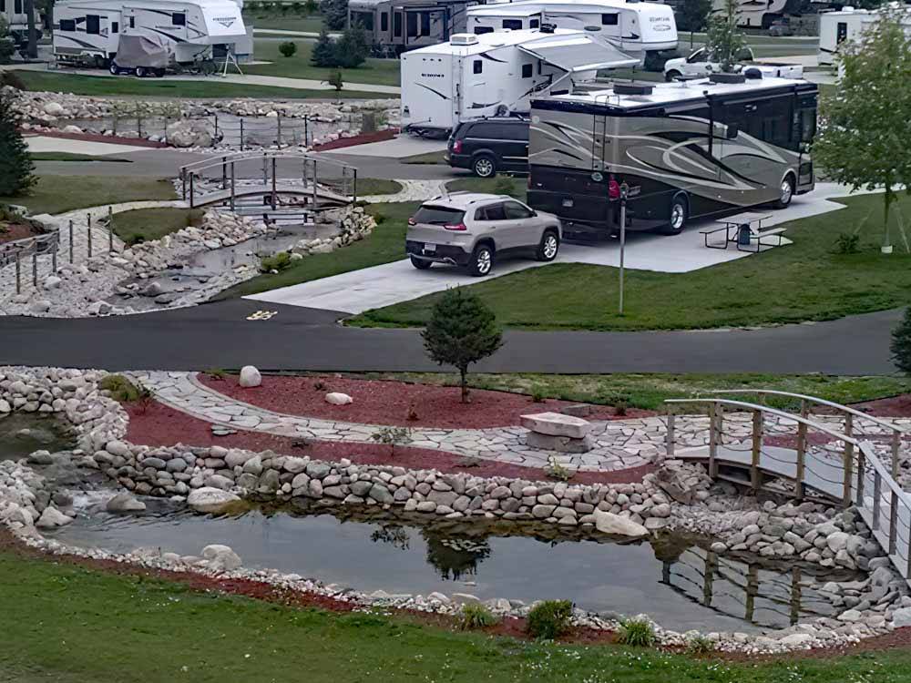 An aerial view of one of the paved pull thru RV sites at PONCHO'S POND