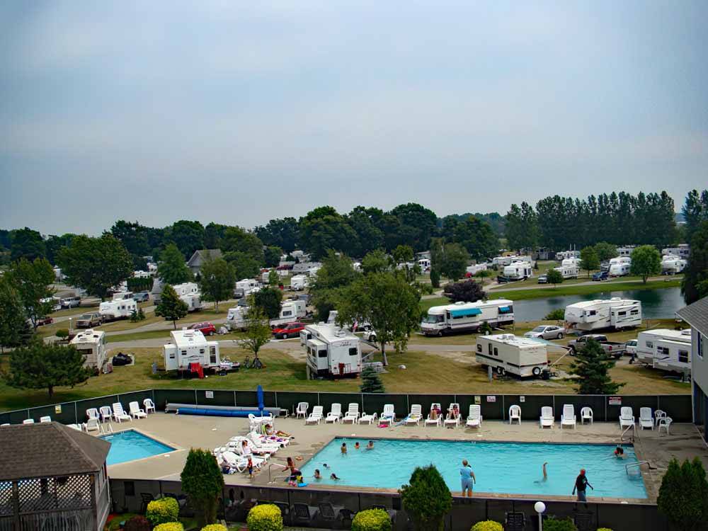 An aerial view of the swimming pool and campsites at PONCHO'S POND