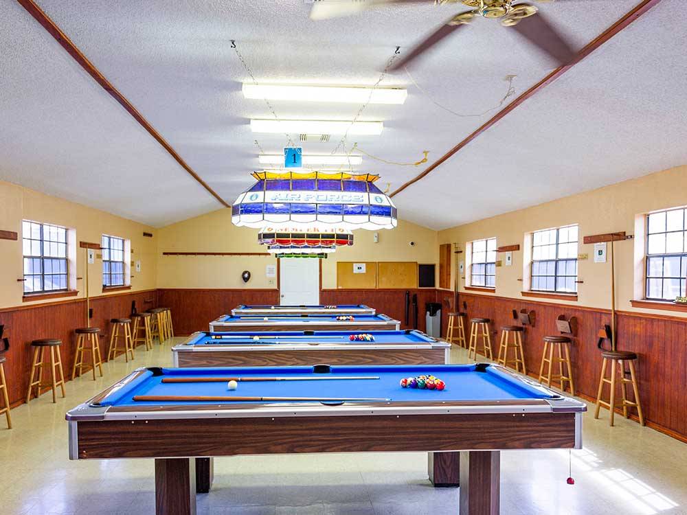 A row of pool tables at CASA DEL VALLE RV RESORT