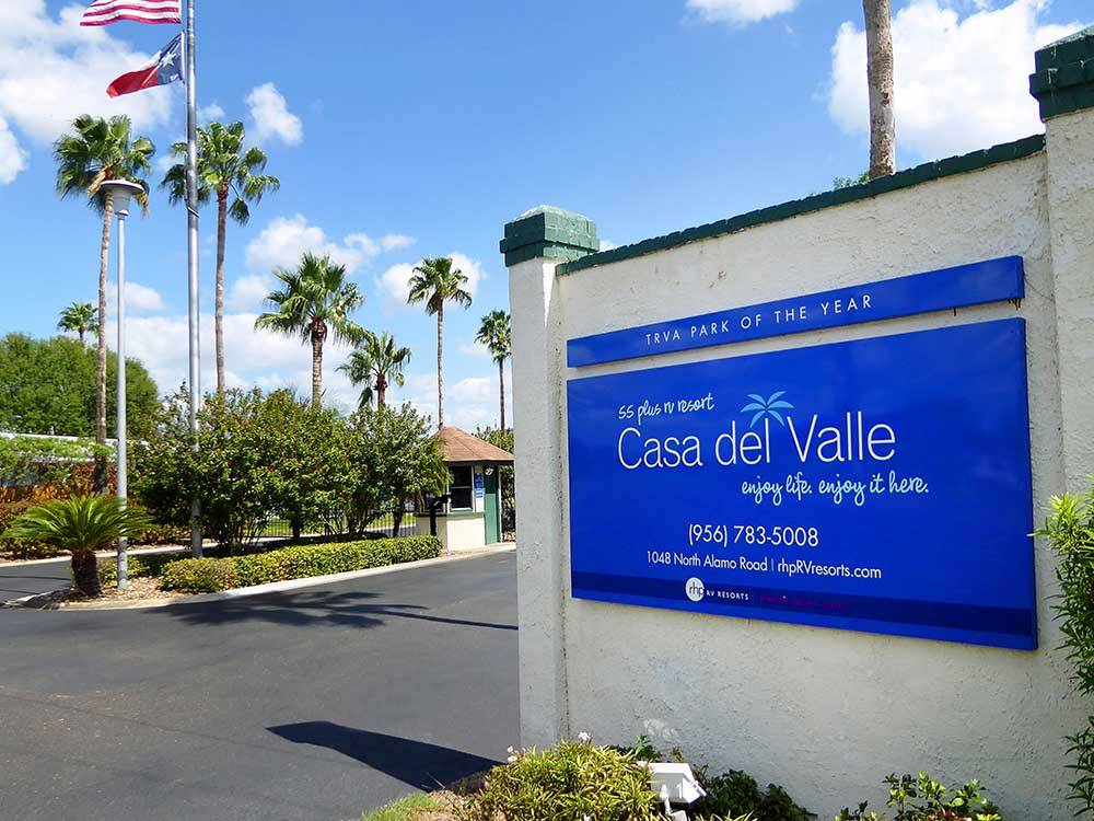 The business sign outside the main entrance at CASA DEL VALLE RV RESORT