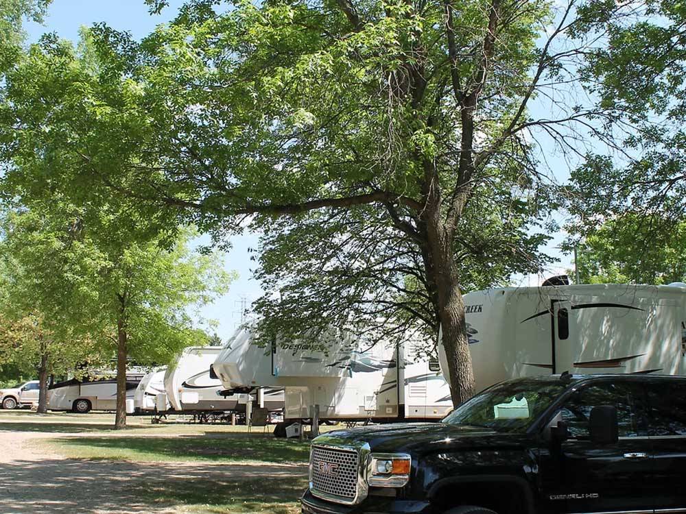 Travel trailers in sites with thick trees at ST CLOUD CAMPGROUND & RV PARK