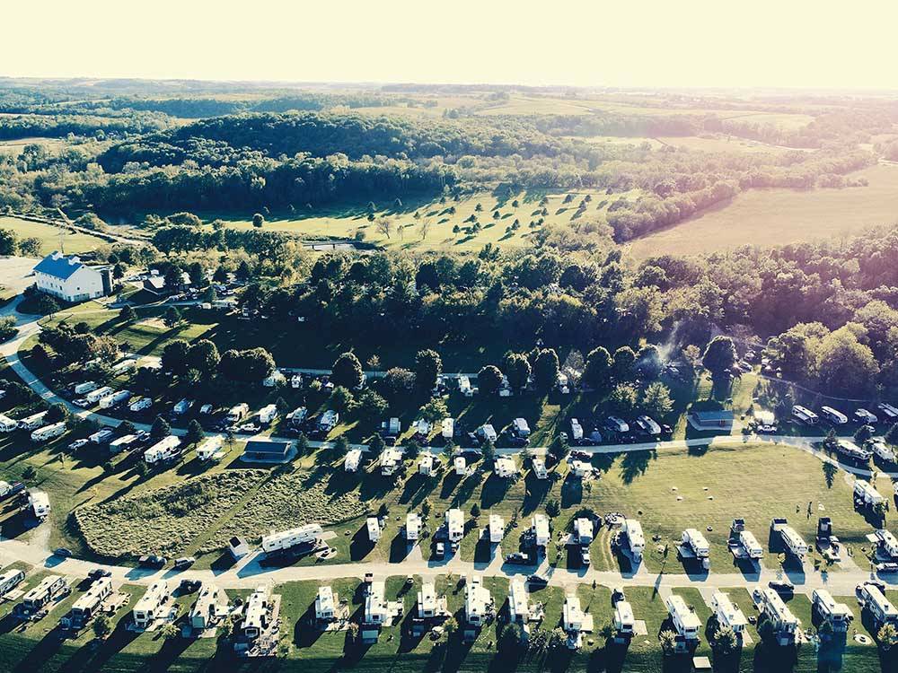 Aieral view of RVs and campground at OLD BARN RESORT