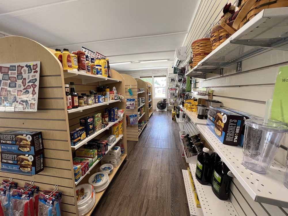 One of the aisles in the general store at WOLFIES CAMPGROUND