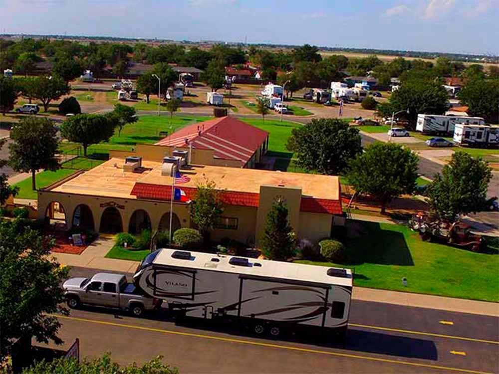 An overhead view of the main building at BIG TEXAN RV RANCH