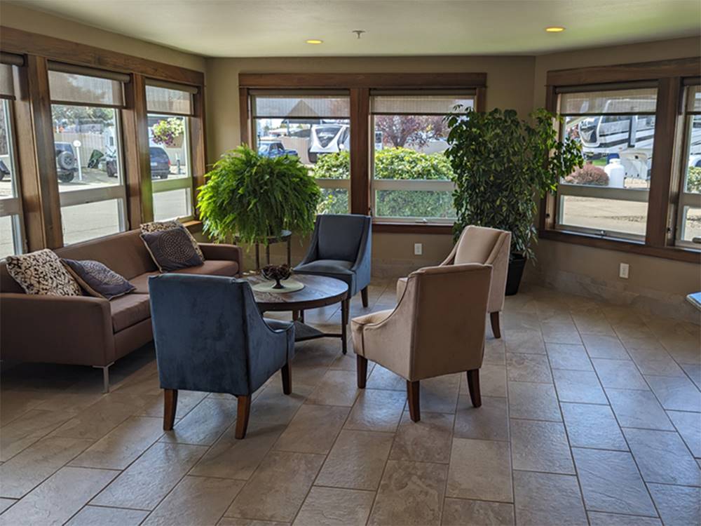 Seating in the reception area at Blue Ox RV Park