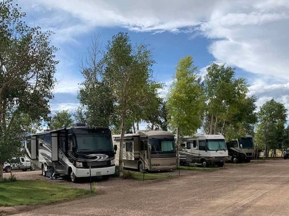 A row of motorhomes in gravel sites at GRAPE CREEK RV PARK CAMPGROUND & CABINS