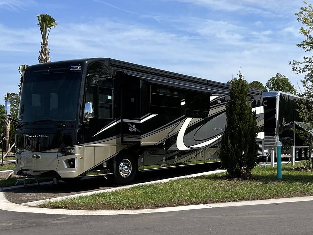 Motorhome with palm tree in background at ST AUGUSTINE RV RESORT