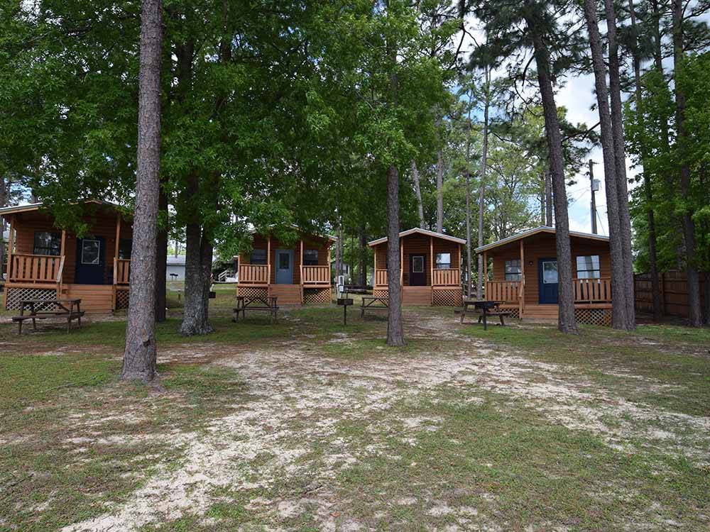 The rental cabins surrounded by trees at SUNSET KING LAKE RV RESORT