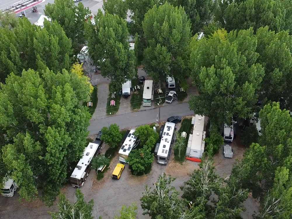 An aerial view of the pull thru RV sites with trees at FOSSIL VALLEY RV PARK