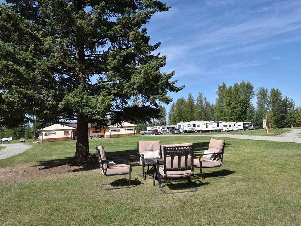 Chairs and table next to a tree at AIRPORT INN MOTEL AND RV PARK