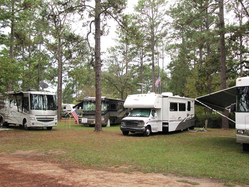 RVs camping on grass and dirt area with American flags at SUGAR MILL RV PARK