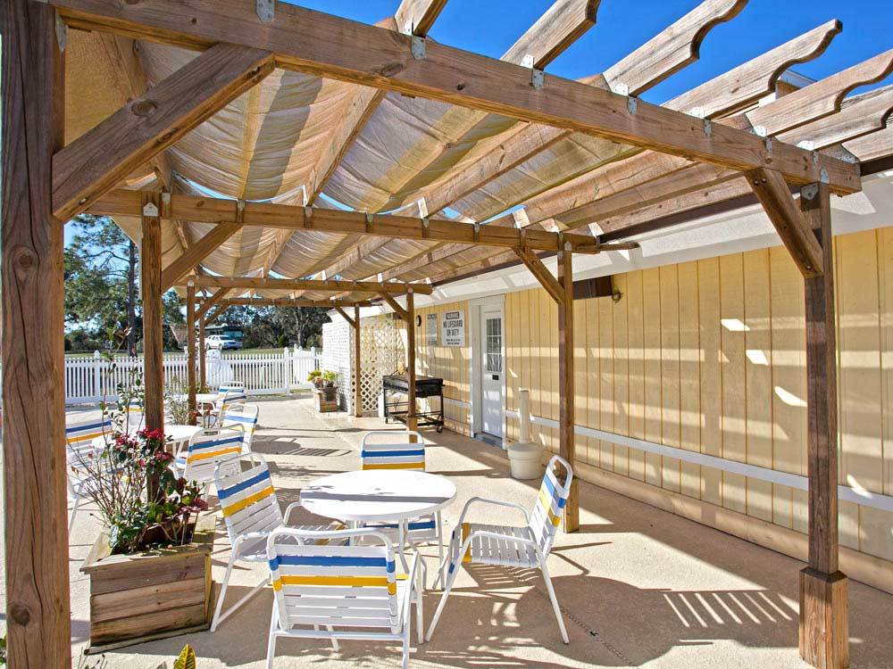 Patio area with tables at TOPICS RV RESORT