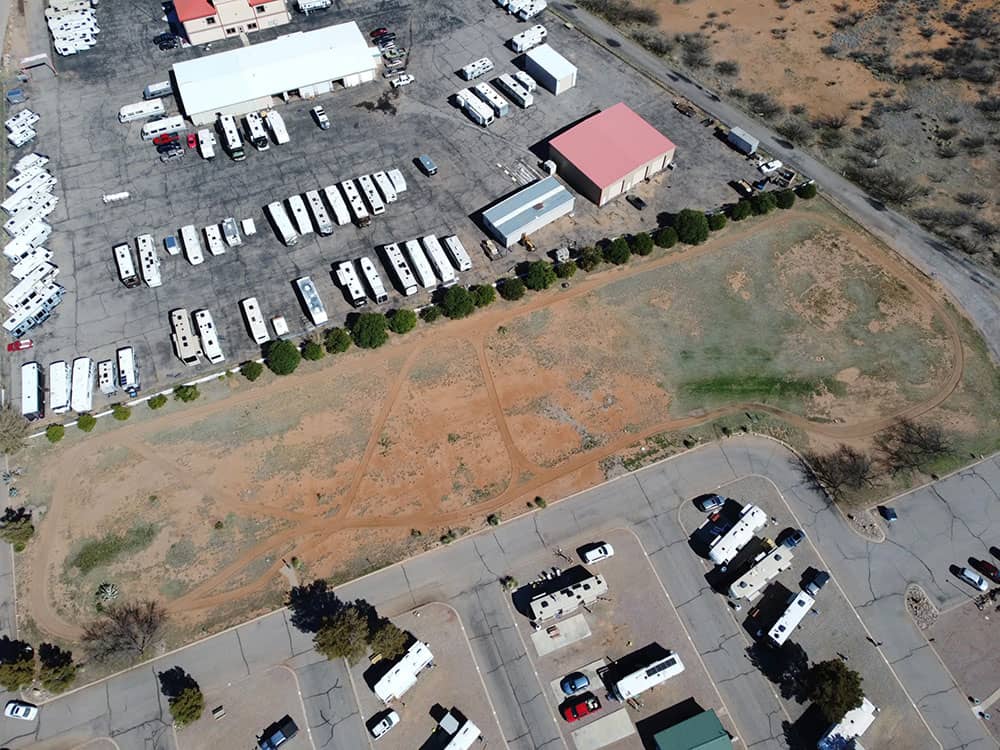 Aerial view with different building views and RVs