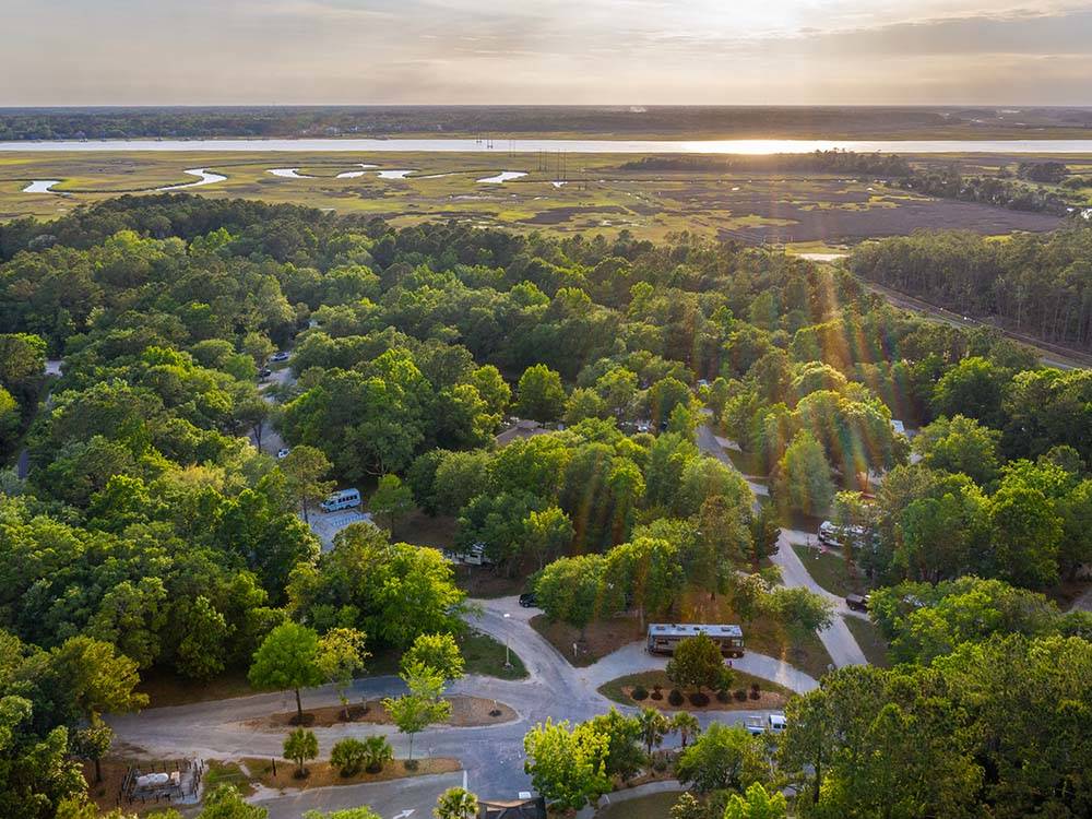 Aerial shot of campground roads between lush trees at THE CAMPGROUND AT JAMES ISLAND COUNTY PARK