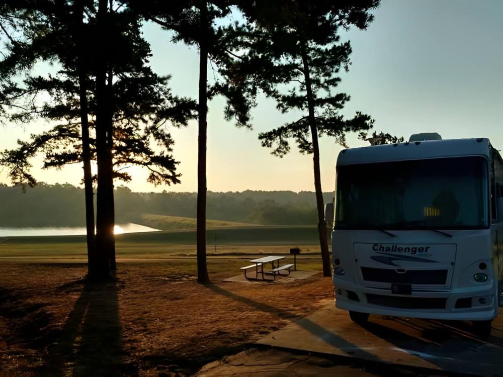 Parked RV at site Lake Hawkins RV Park