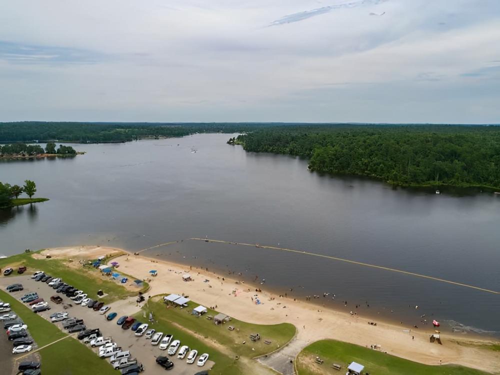 Overhead view of lake at site Lake Hawkins RV Park