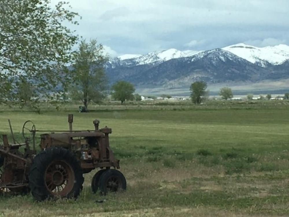 Antique tractor by mountains at The Hitching Post RV Park