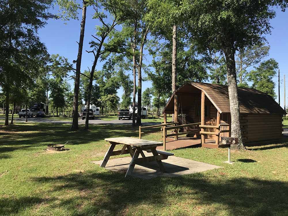 One of the rustic rental cabins at FLAT CREEK FAMILY CAMPGROUND