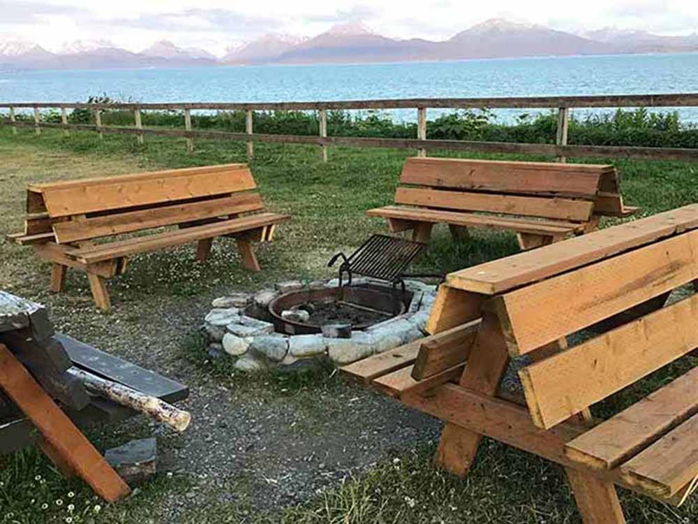A fire pit with bench seating at OCEAN SHORES RV PARK & RESORT
