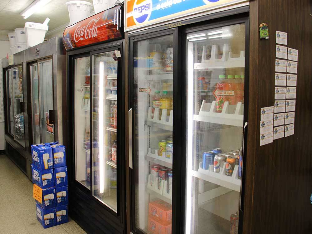 The drink refrigerators in the general store at LAKE BLUFF CAMPGROUND